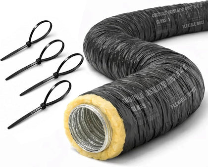 6 Inch Insulated Flexible Duct 25 FT, R4 HVAC Flex Duct with Black Jacket, Owens Corning Fiberglass Insulation