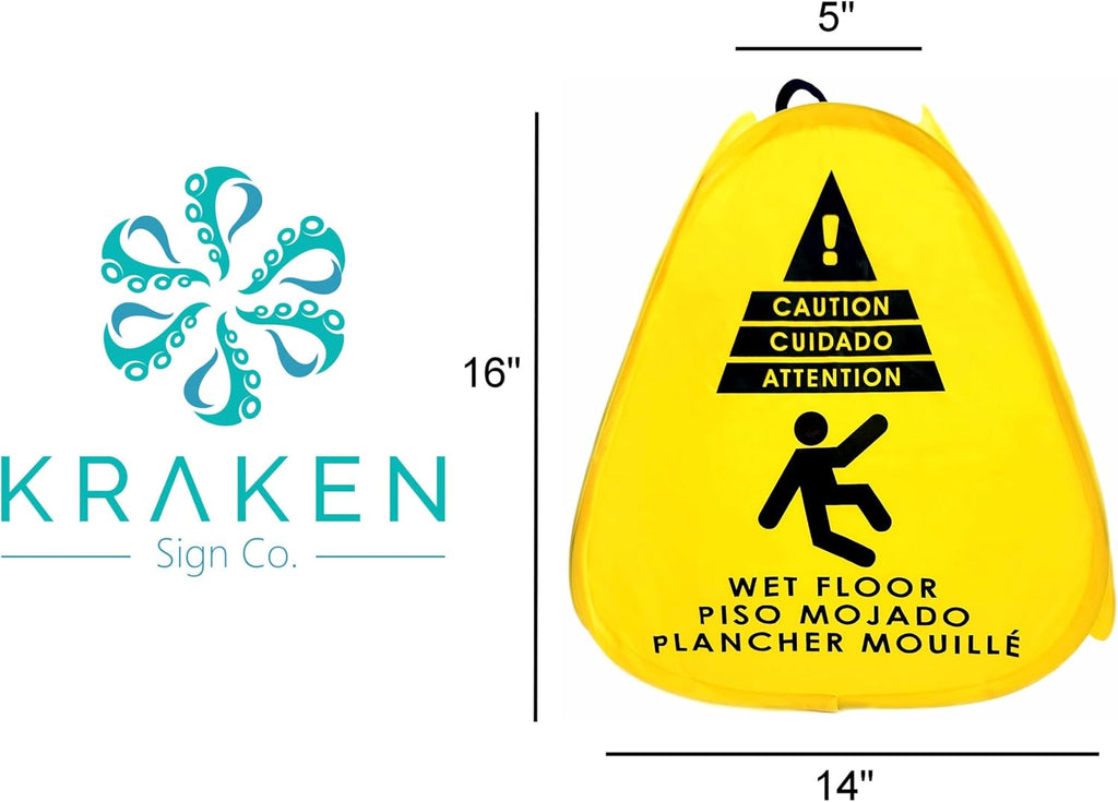 Kraken Sign Co - Pop-up Sign, Yellow 4-Sided Bilingual Trilingual English/Spanish/French Warning, Pop-up Caution Wet