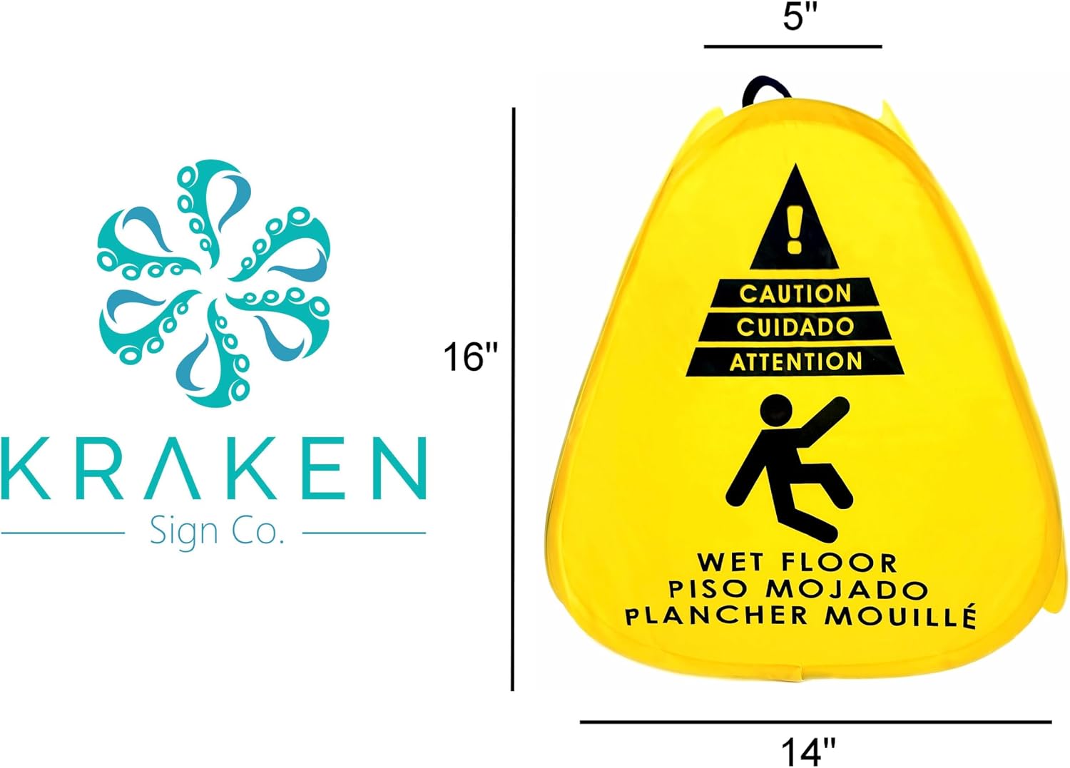 Kraken Sign Co - Pop-up Sign, Yellow 4-Sided Bilingual Trilingual English/Spanish/French Warning, Pop-up Caution Wet