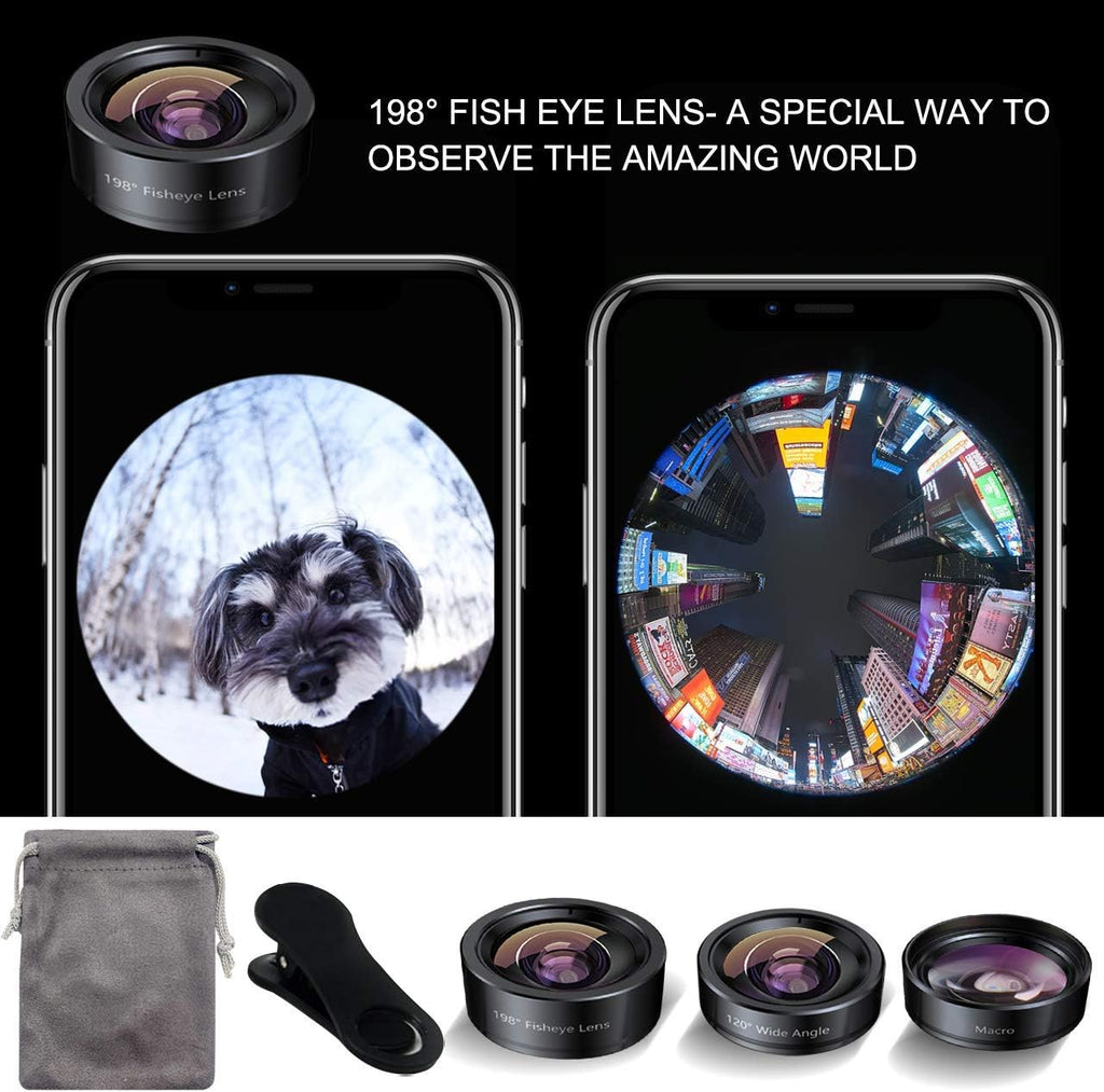 3in1 Phone Camera Lens Kit Fisheye+Wide Angle+Macro Lens for iPhone | 198° Fish Eye Lens + 120° Super Wide-Angle Lens