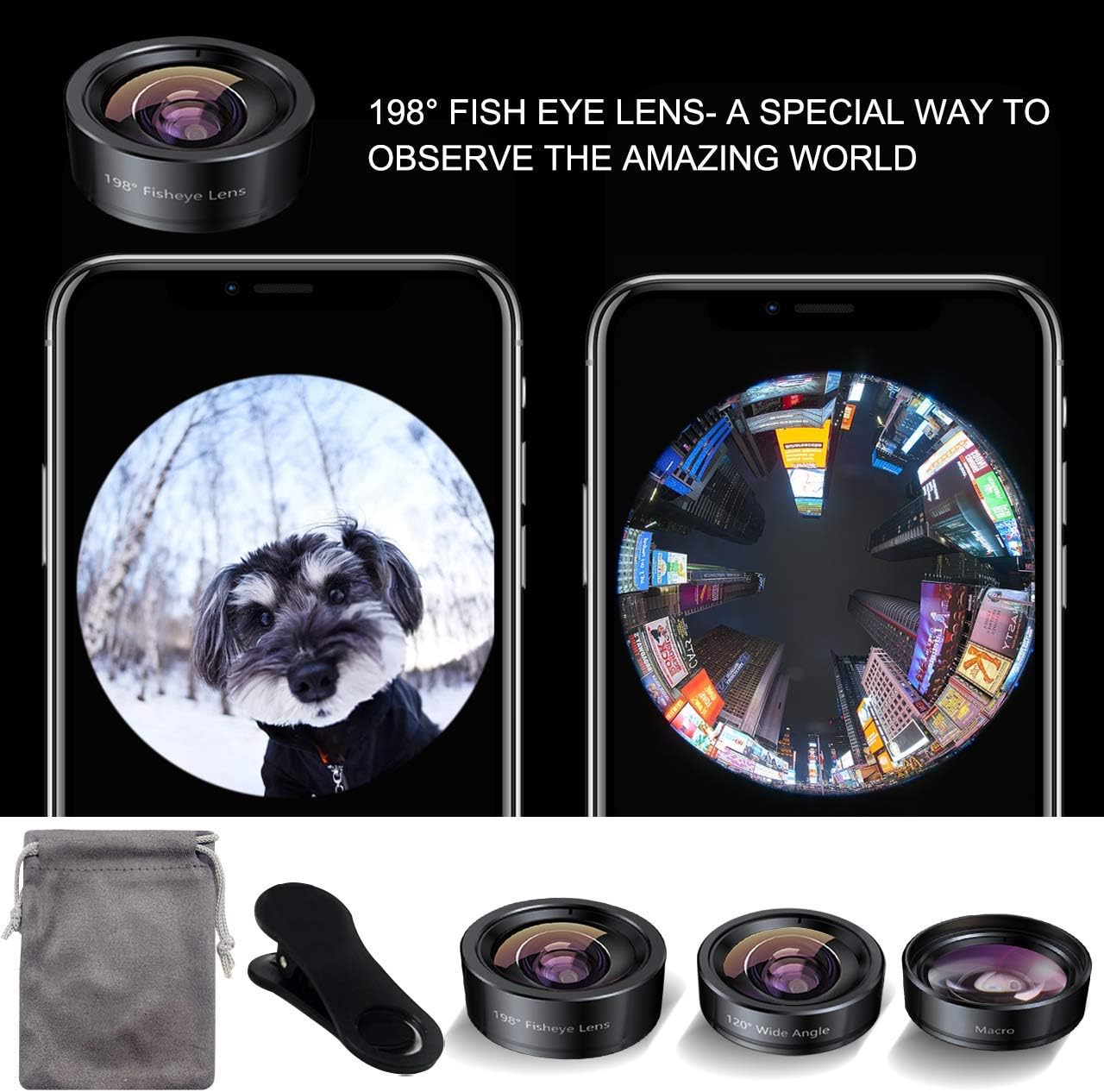 3in1 Phone Camera Lens Kit Fisheye+Wide Angle+Macro Lens for iPhone | 198° Fish Eye Lens + 120° Super Wide-Angle Lens