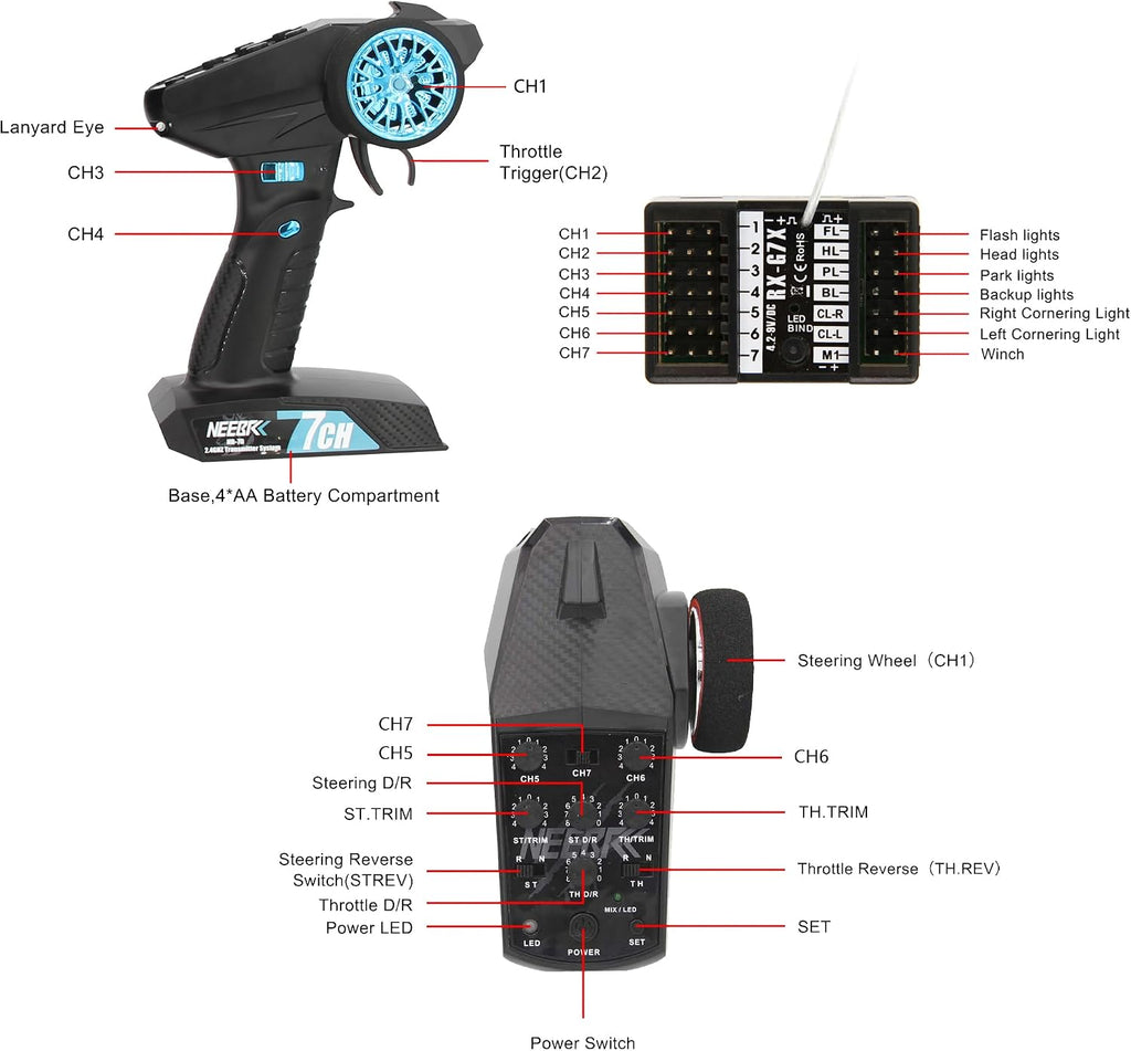 7 Channels RC Transmitter with Receiver Built-in Light Control System and 12LED Light Set, 2.4GHz Radio Remote