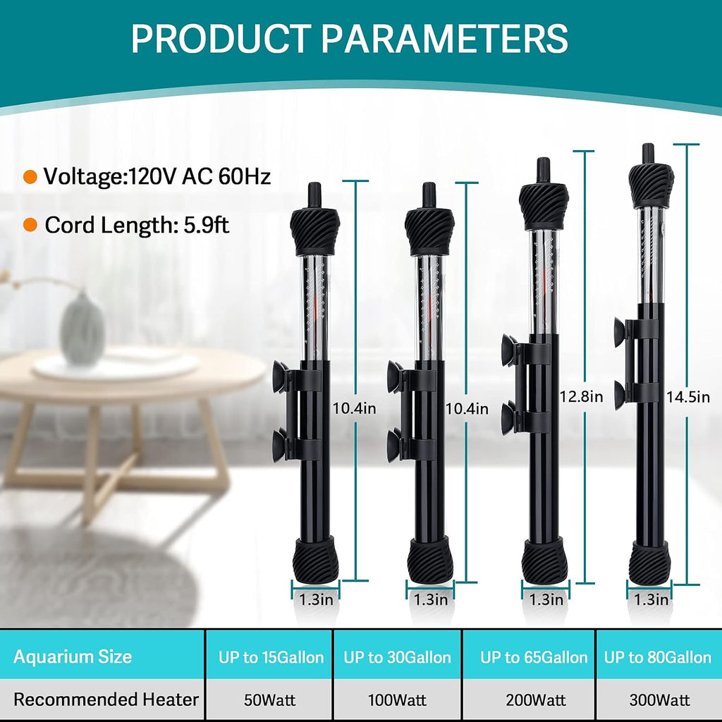 ETL Certification Aquarium Heater, 50W/100W/200W/300W Submersible Fish Tank Thermostat Heater with Firm Double Pair