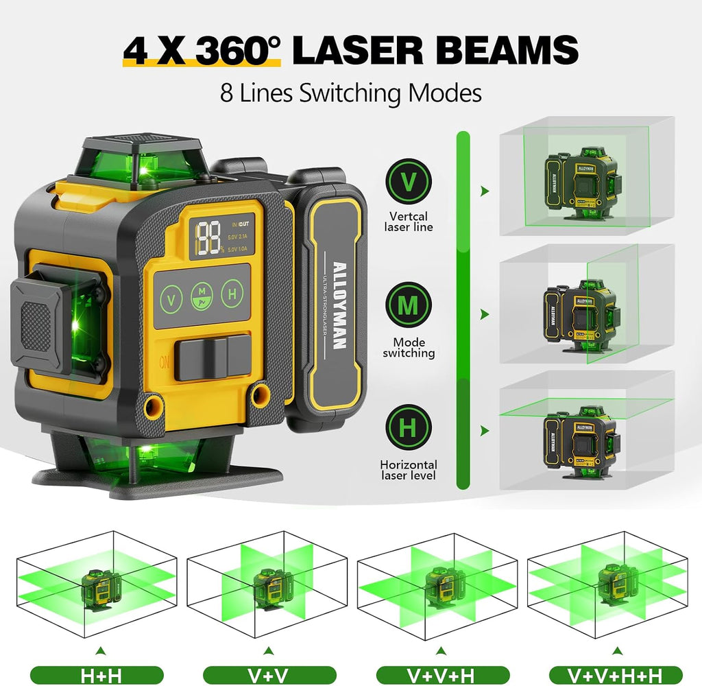 4x360°Self Leveling Laser Level, 12 Ft./3.7M Professional Laser Level Pole with Tripod, Green Line Lazer Leveler Tool