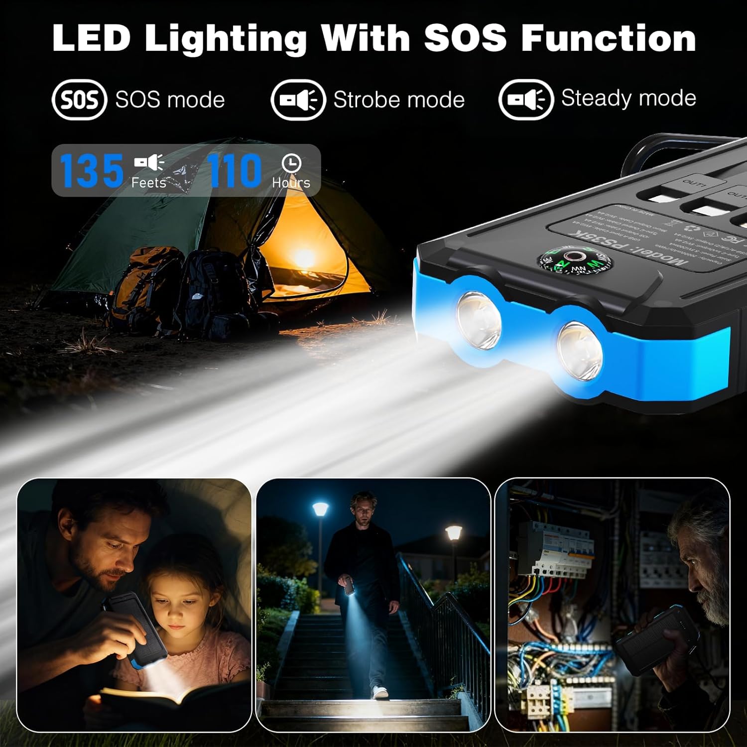 Solar Charger Power Bank 20,000mAh, Portable Charger, 4 Cables 3 Ports Fast Charging External Battery Pack with USB C