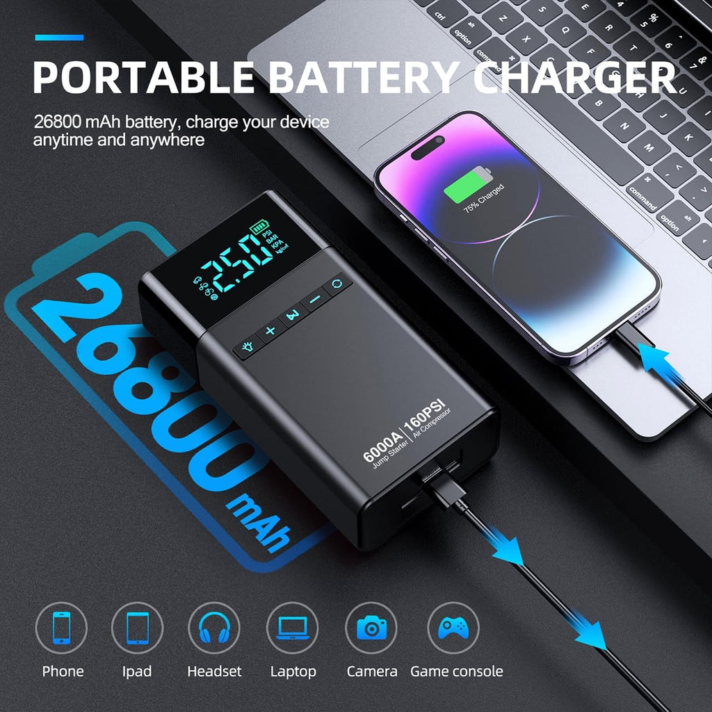10-in-1 Portable Car Battery Jump Starter with Air Compressor, 6000A 160PSI Portable Car Jumper Starter (All Gas 12L