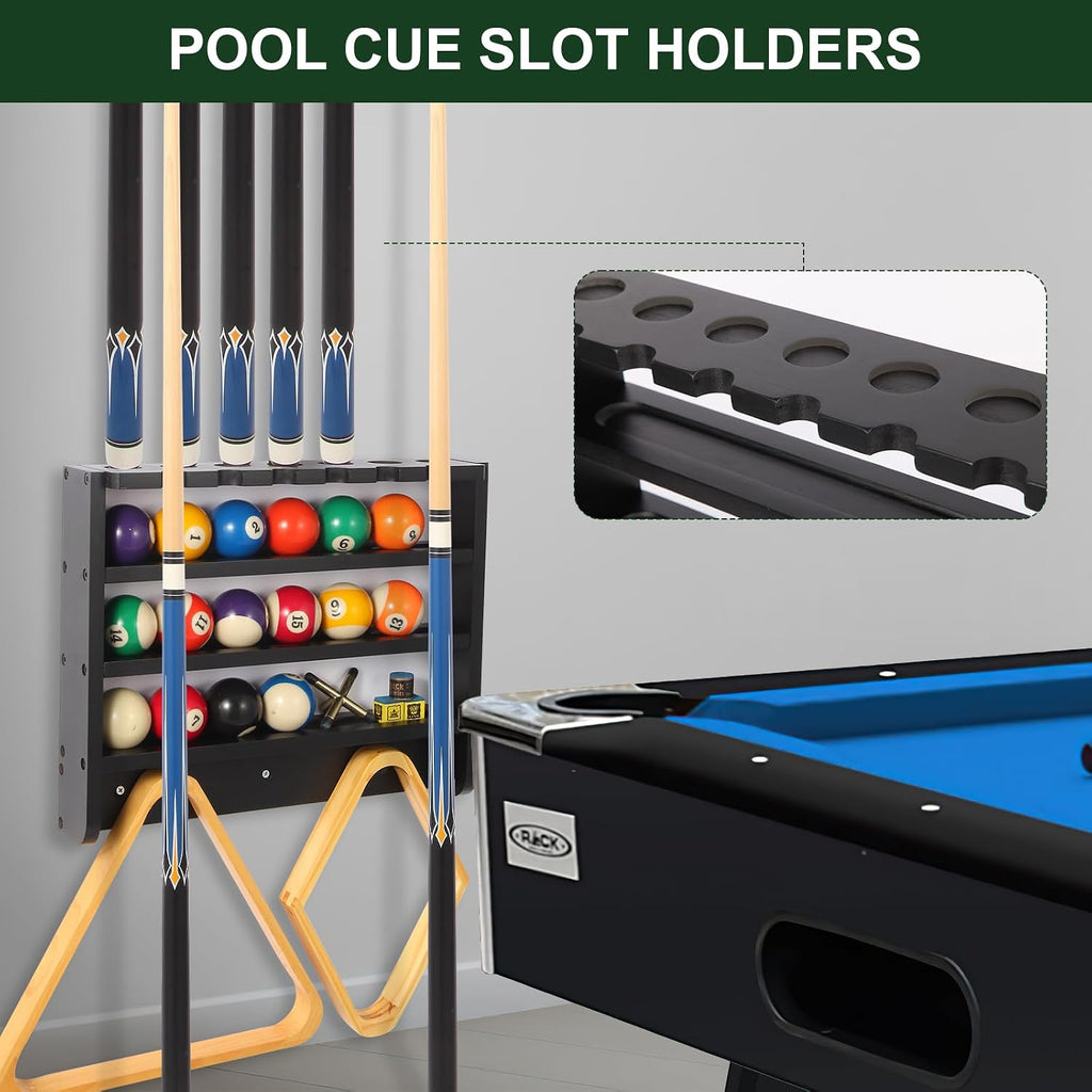 Pool Stick Holder - 7 Pool Cue Rack Wall Mount With Cue Rest and Ball holder, Wooden Pool Table Accessories Equipment