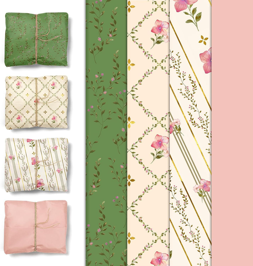 24 Sheets Floral Tissue Paper, Sage Green and Pink 15x20Inch