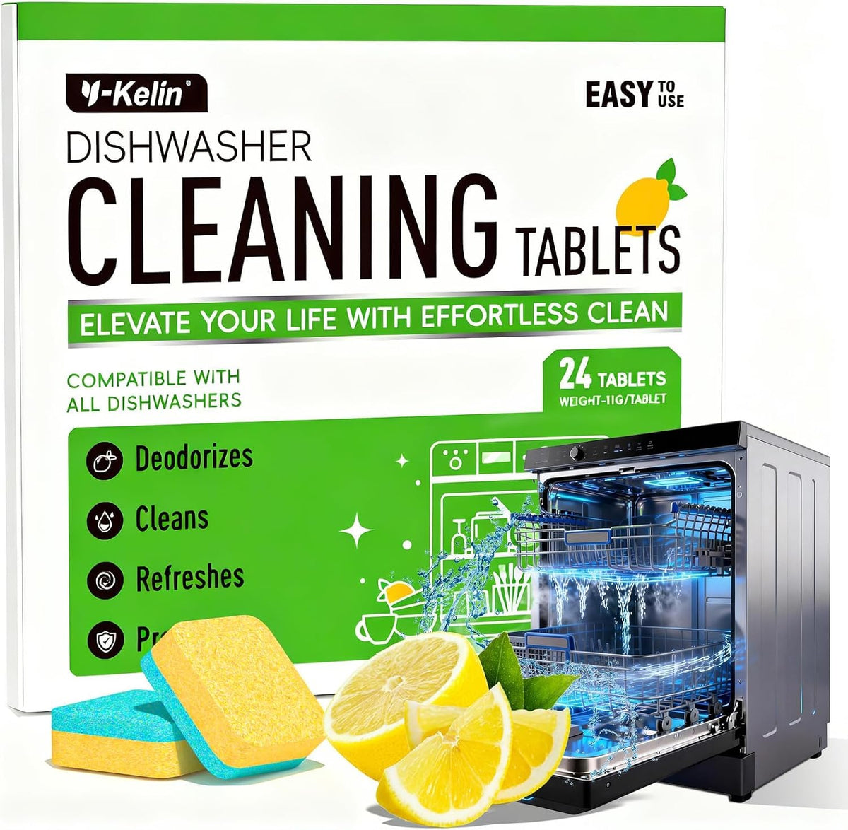 Dishwasher Cleaner and Deodorizer Tablets, Dishwasher Cleaning Tablets 24 Pack - Helps Remove Limescale & Odor