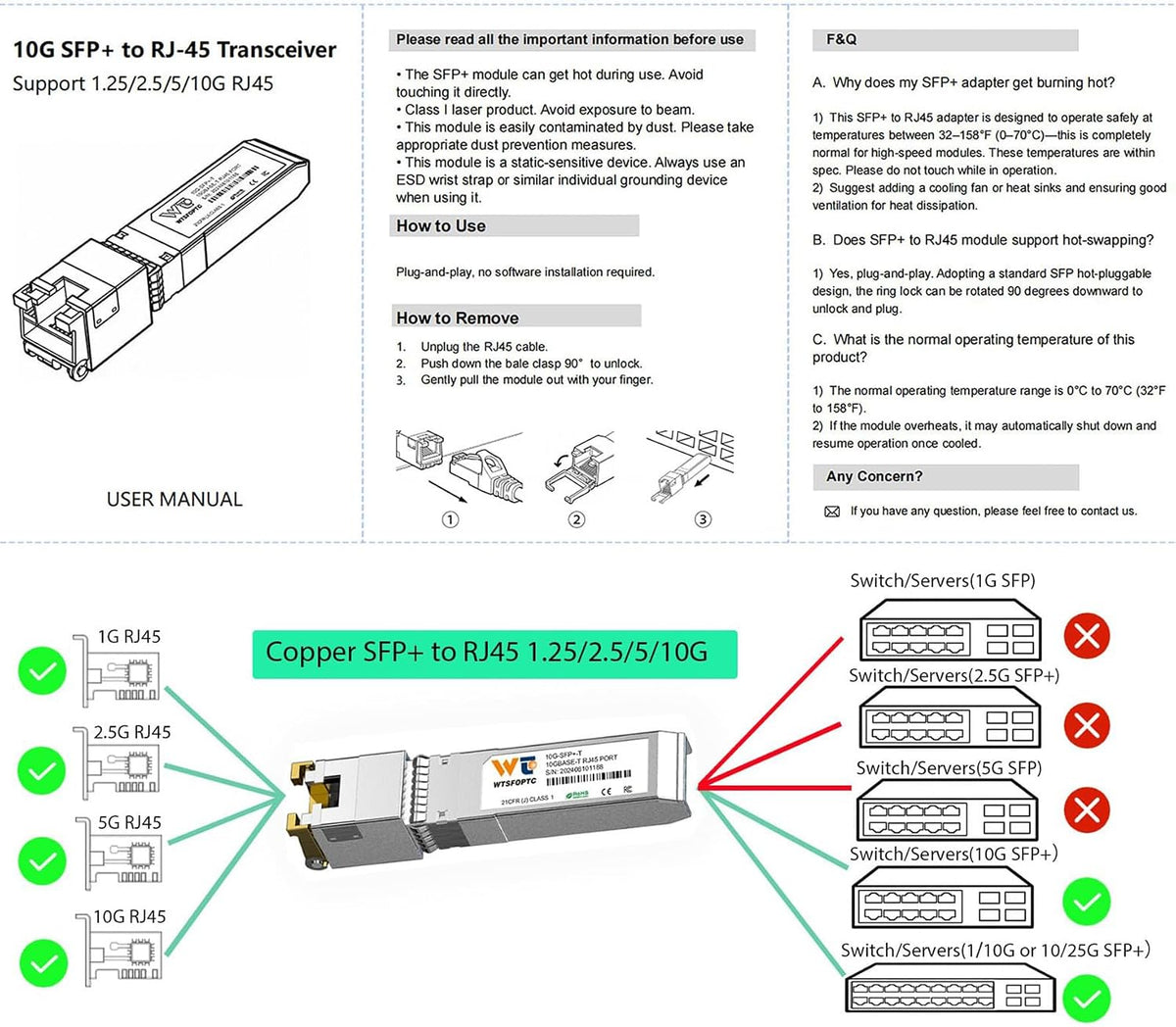 80 Meter 10Gb SFP+ to RJ45 Module 2 Pack, 10GBase-T Copper Transceiver