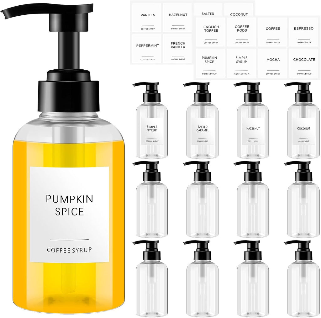 12 Pcs Coffee Syrup Dispenser Bottle with Pump Drink Syrup Container with Labels for Kitchen Restaurant Coffee Bar