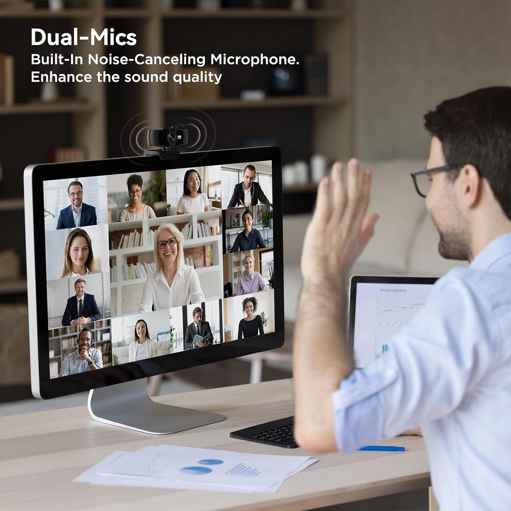 Full HD 1080P Webcam with Dual Microphones & Privacy Cover for PC, Desktop, Laptop, Plug&Play USB Computer Camera