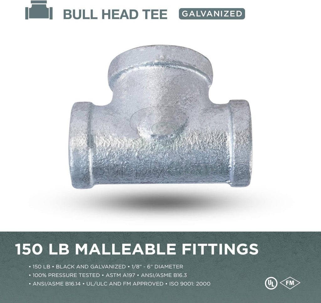 Supply Giant HNCU0560 Bull Head Galvanized Malleable Tee Fitting with Female Thread Connections
