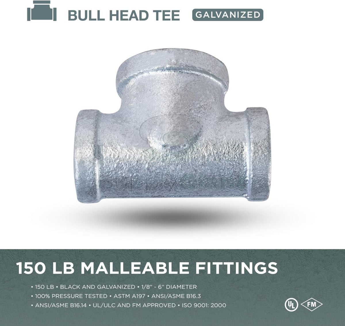 Supply Giant HNCU0560 Bull Head Galvanized Malleable Tee Fitting with Female Thread Connections