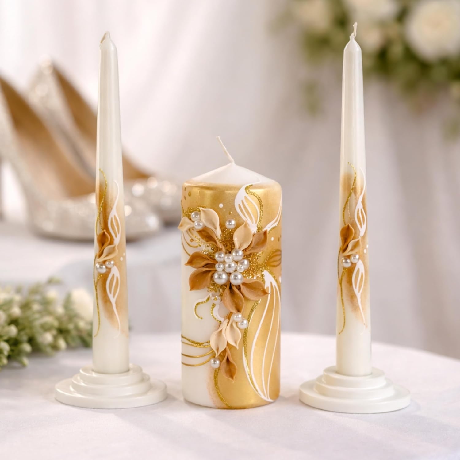 Golden Blossom Unity Candle Set for Wedding Ceremony & Reception, White & Gold Wedding Unity Candles with Floral
