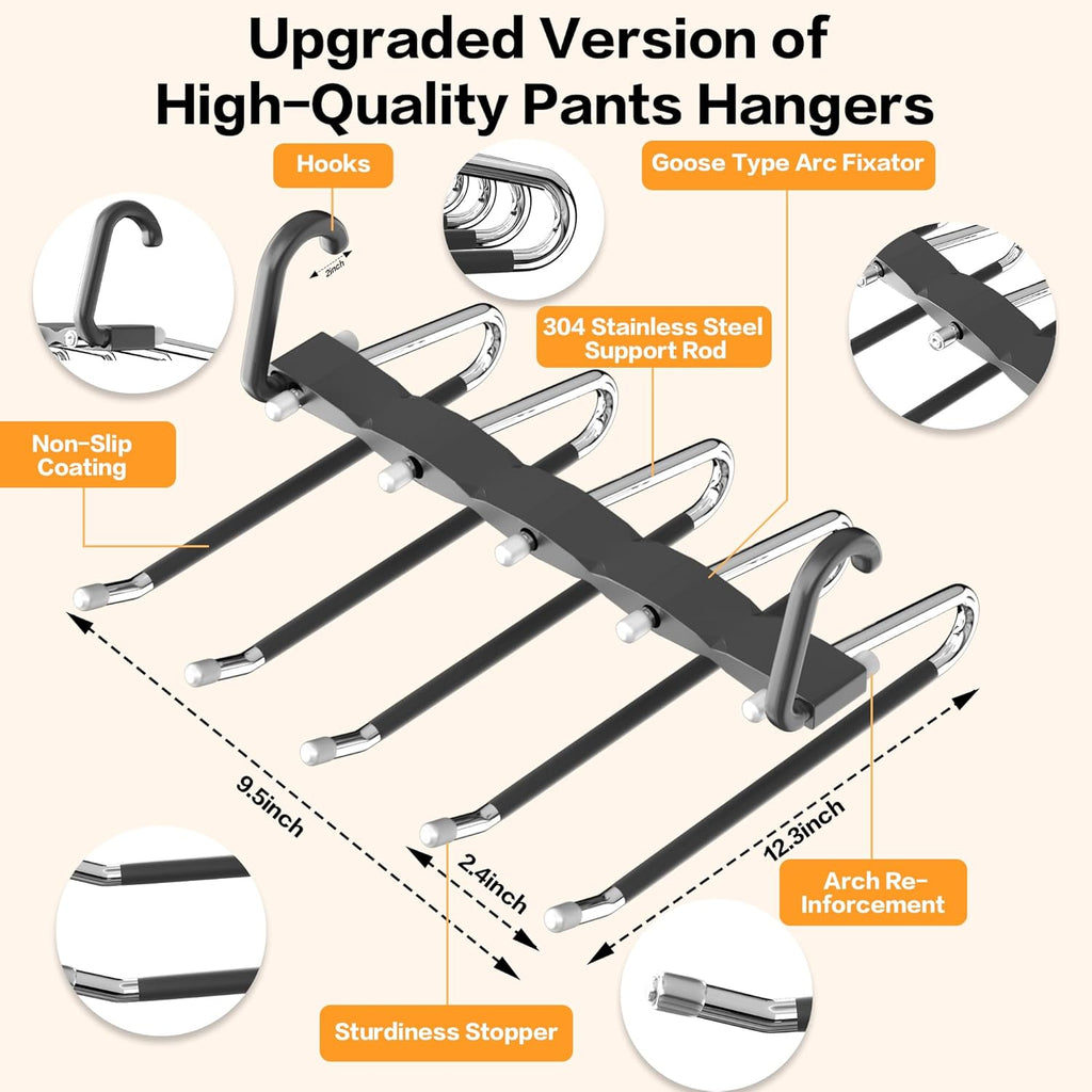 Pants Hangers Space Saving - 2 Pack Closet Organizer and Storage Jean Hangers, Stainless Steel Anti-Slip Clothes