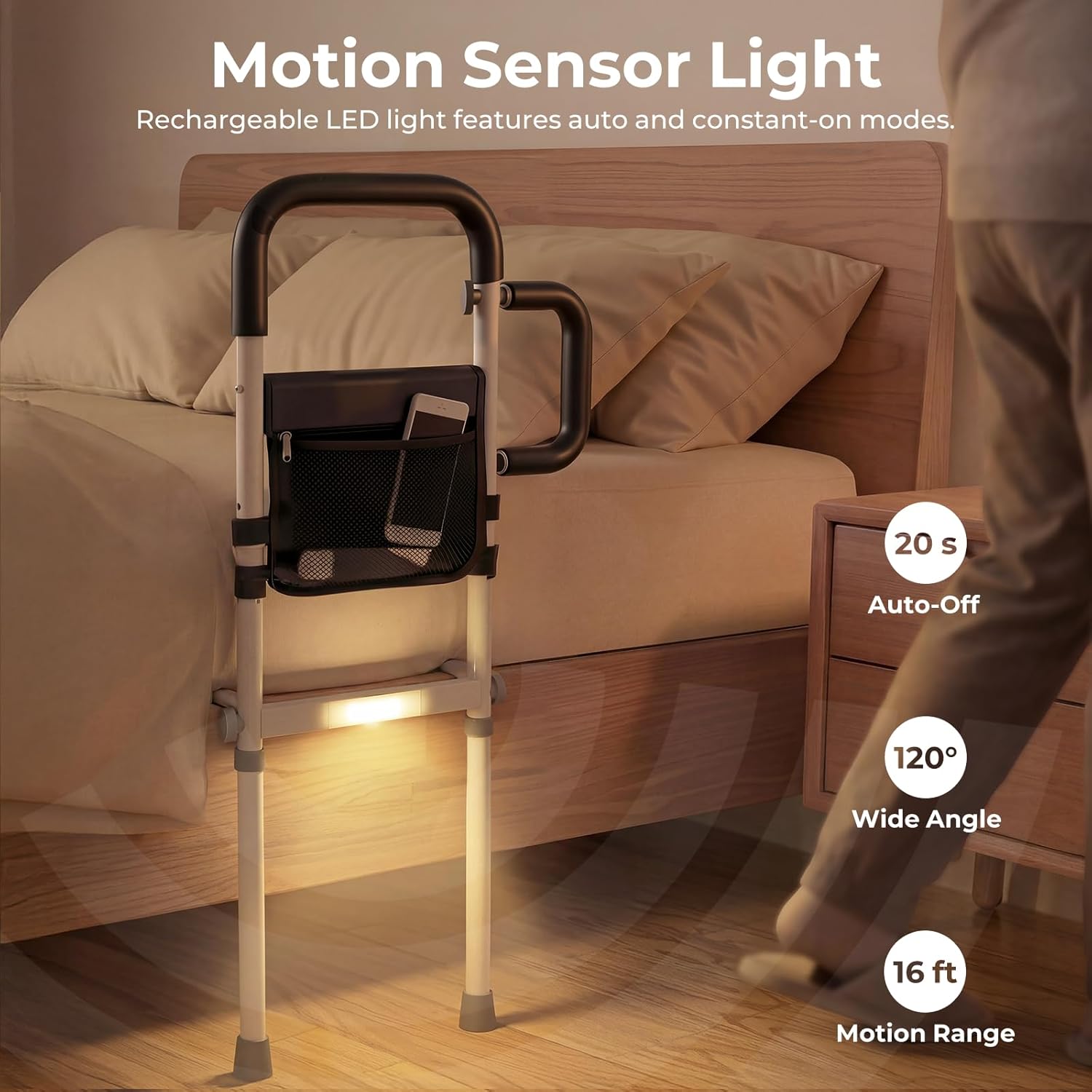 Bed Rails for Elderly Adults Safety, ASTM Certified Bed Rail for Seniors with Motion Sensor Light, Non-Slip Handle &