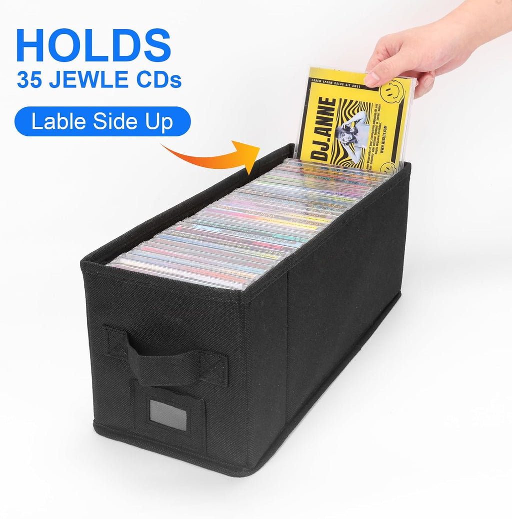 CD Case Holder with Handles and Lid – CD Storage Box with External Label Slots, Easy-to-Move Organizer Case for