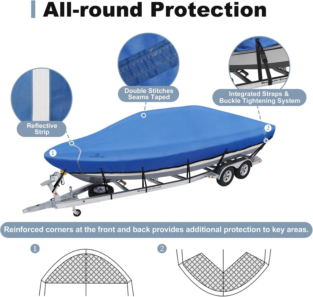 Waterproof 900D Boat Cover, 14'-16' Long 76" Beam Width, Blue | Trailerable, UV-Resistant, Fits V-Hull, Tri-Hull