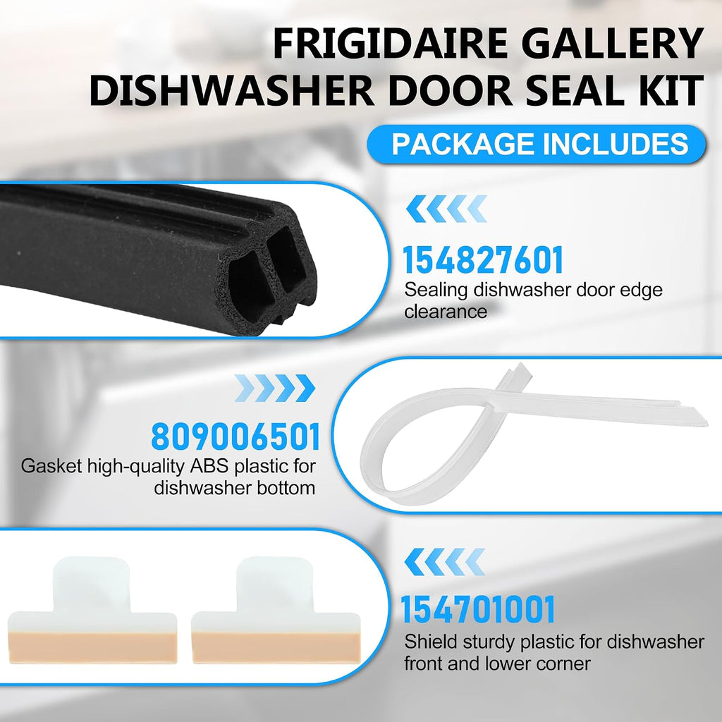 154827601 Dishwasher Door Seal Kit for Frigidaire Gallery Kenmore Dishwasher ffbd2411ns0a fgid2466qf4a fghd2465nf1 - Door Gasket Seal with 809006501 Bottom Gasket 154701001 Splash Shield - By Vypart