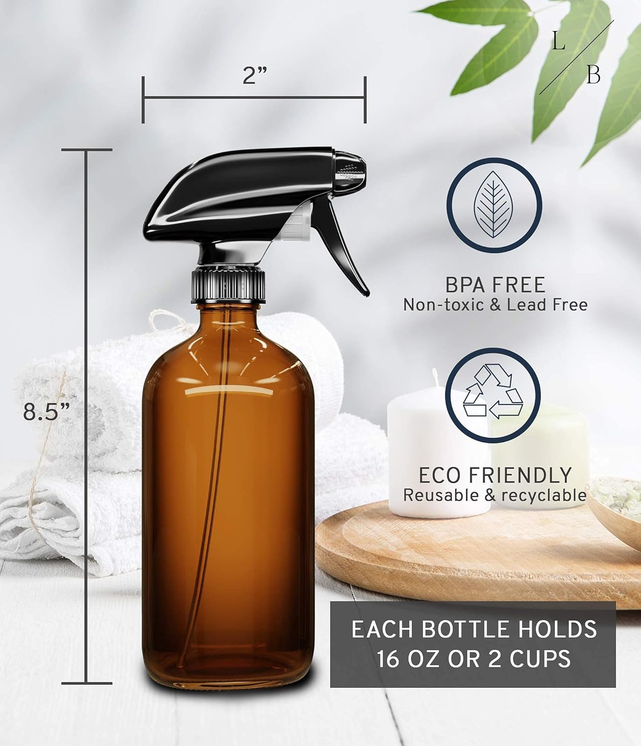 Amber Glass Spray Bottles 2 Pack, 16 oz Refillable Empty Spray Bottle for Cleaning, Essential Oils, Hair, Plants