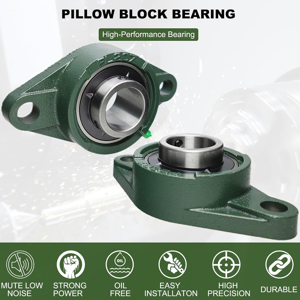 2 Pack UCFL207-22 Pillow Block Bearing – Flange 2 Bolt Mounted Pillow Block Bearings – Bearing Steel Bearings with 1-3/8" Bore - Self-aligning Bearings with Solid Cast Iron Base