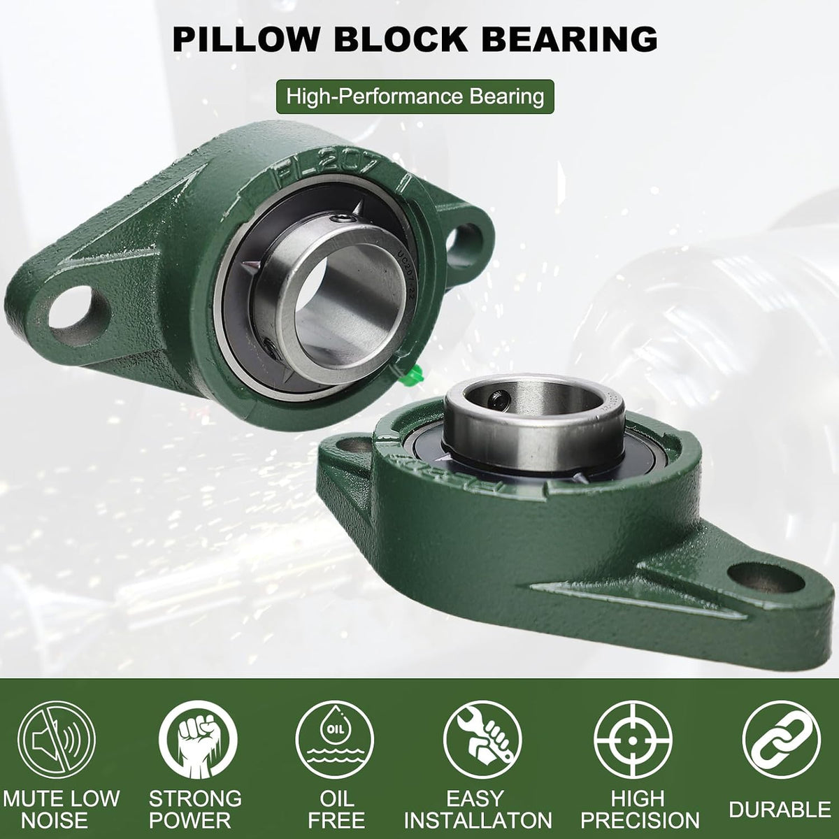 2 Pack UCFL207-22 Pillow Block Bearing – Flange 2 Bolt Mounted Pillow Block Bearings – Bearing Steel Bearings with 1-3/8" Bore - Self-aligning Bearings with Solid Cast Iron Base