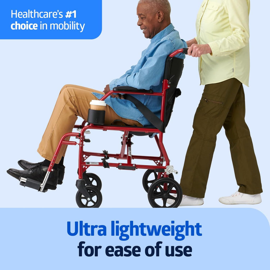 Ultra Lightweight Transport Wheelchair for Adults, Foldable, 19-Inch Seat Width, Red Frame, Black Upholstery