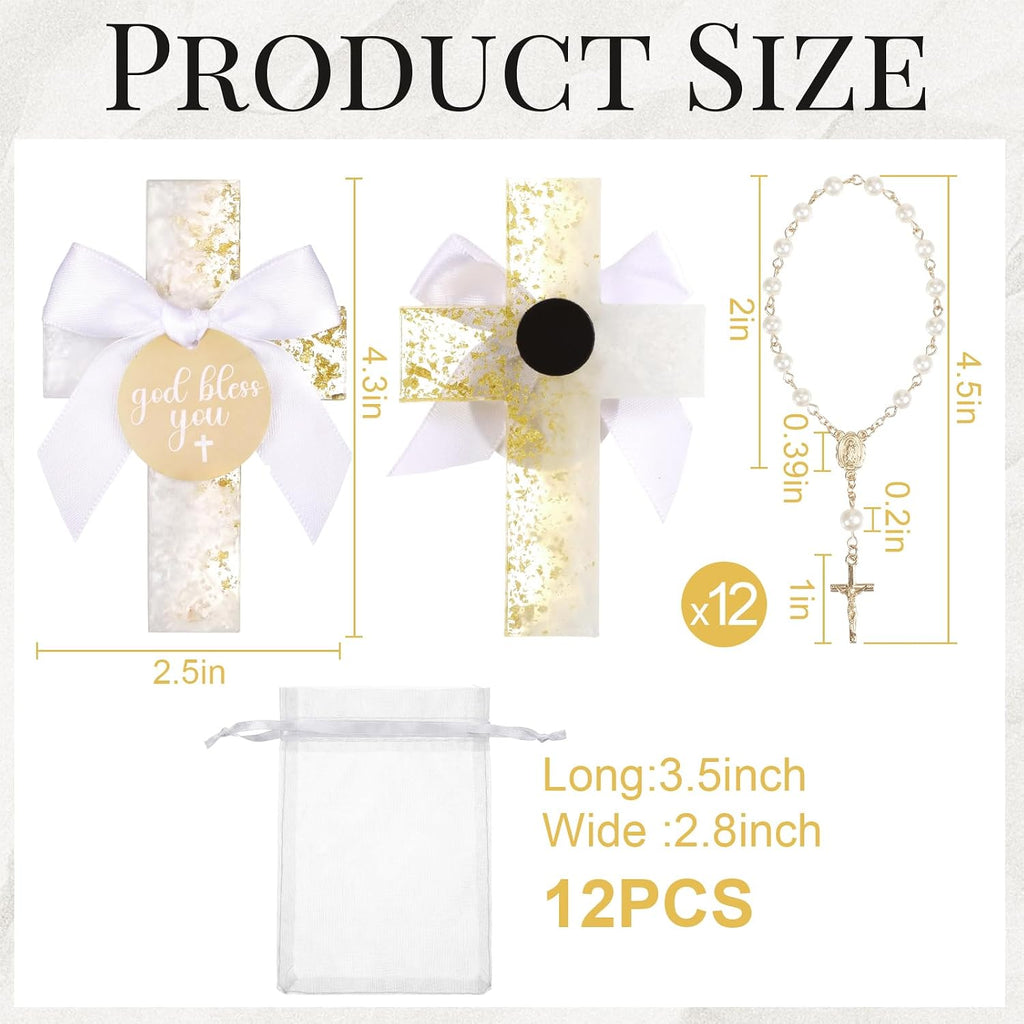 36 Pcs Baptism Favors Set, 12 Resin Cross Fridge Magnets with Bow Tied Cards, 12 Acrylic Baptism Rosary Beads with