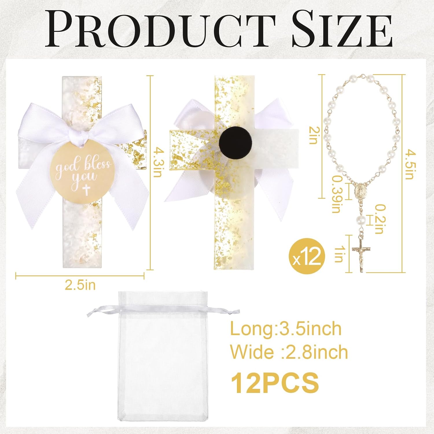 36 Pcs Baptism Favors Set, 12 Resin Cross Fridge Magnets with Bow Tied Cards, 12 Acrylic Baptism Rosary Beads with