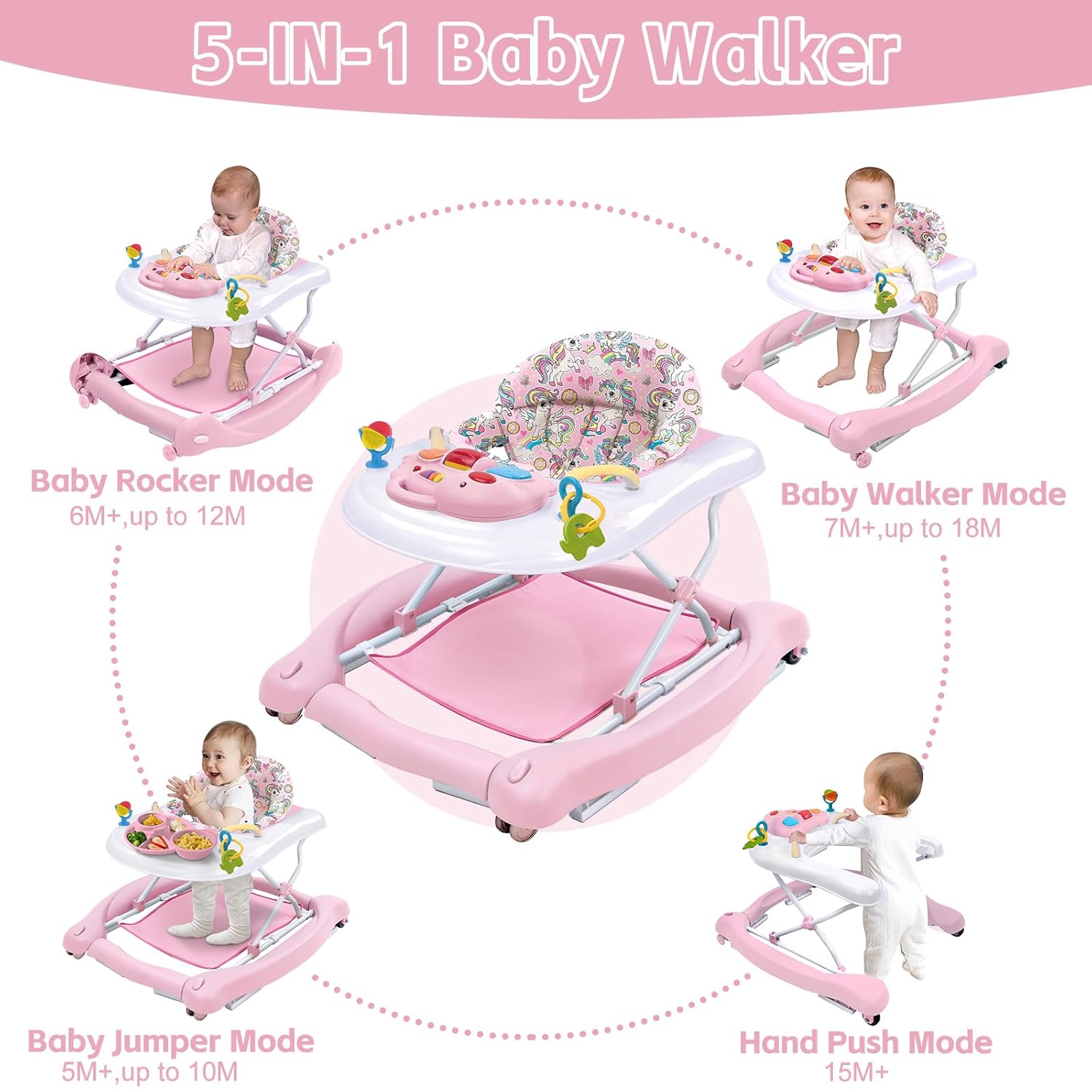 5 in 1 Foldable Baby Walker, Activity Baby Walker-Baby Bouncer, Rocker, Activity Center,Seat and Push