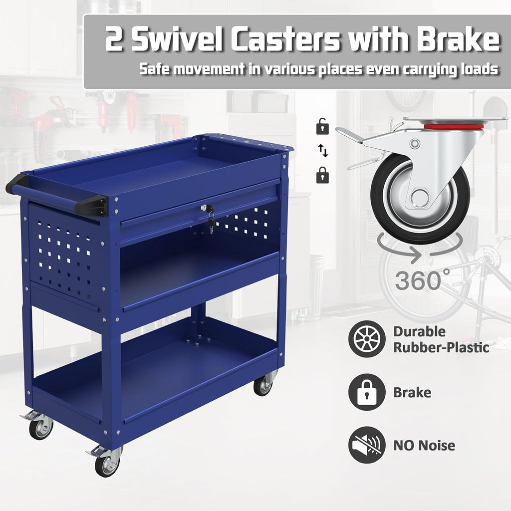 3 Tray Rolling Tool Cart with Drawers, 400 LBS Capacity Mechanic Tool Cart on Wheels, Heavy Duty Utility Cart with