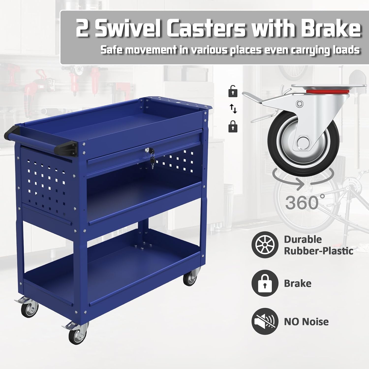 3 Tray Rolling Tool Cart with Drawers, 400 LBS Capacity Mechanic Tool Cart on Wheels, Heavy Duty Utility Cart with