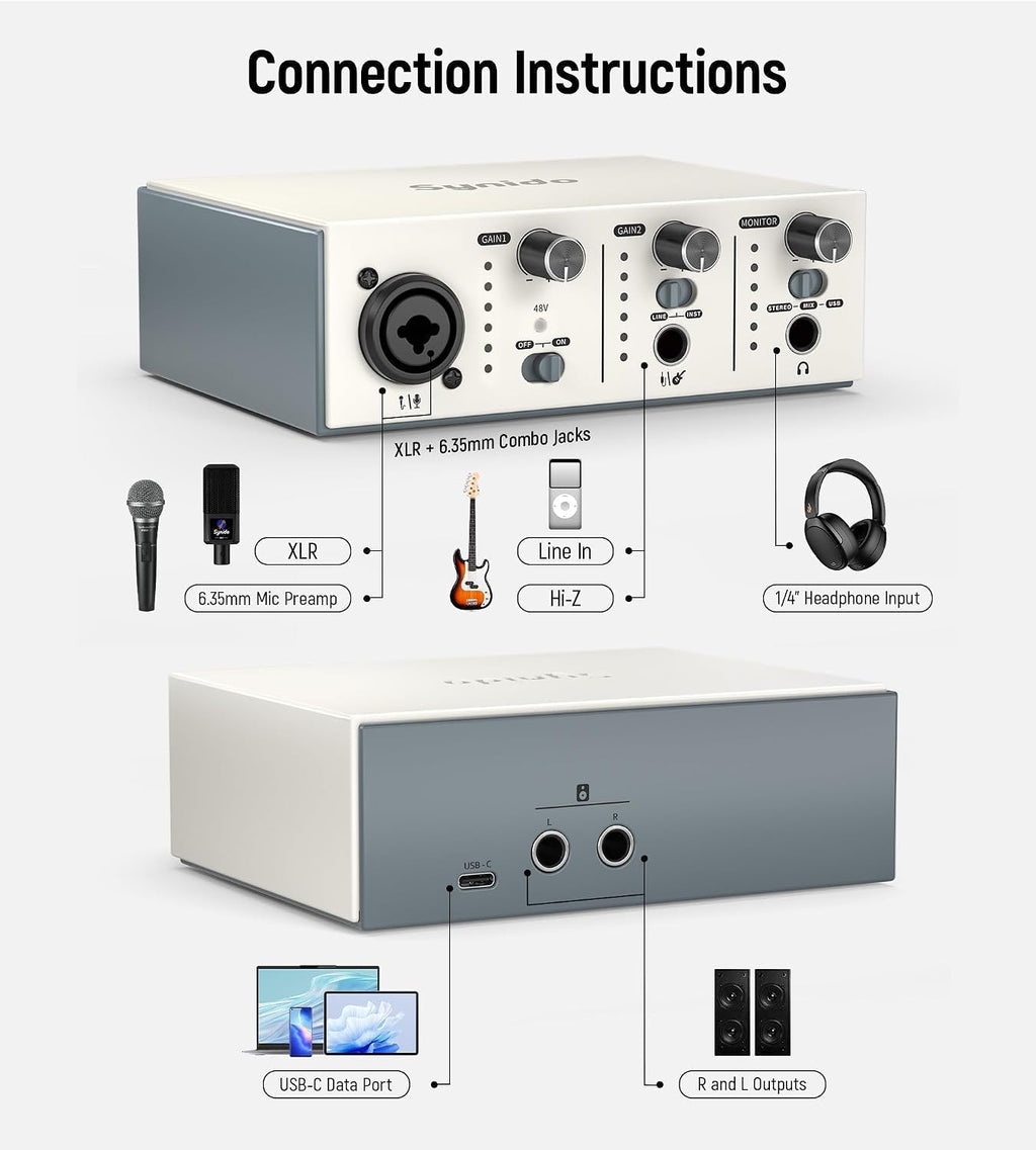 USB C Audio Interface for Recording Music, Streaming, Podcasting, Silver | XLR/6.35mm jacks, line In/hi-z switching
