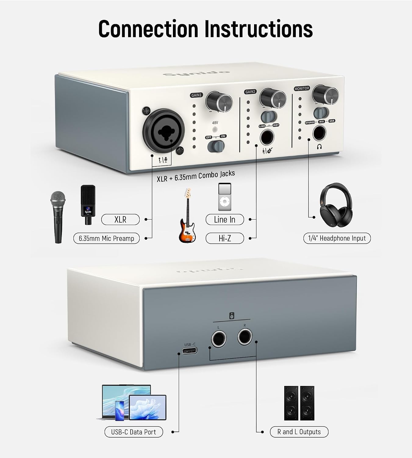 USB C Audio Interface for Recording Music, Streaming, Podcasting, Silver | XLR/6.35mm jacks, line In/hi-z switching