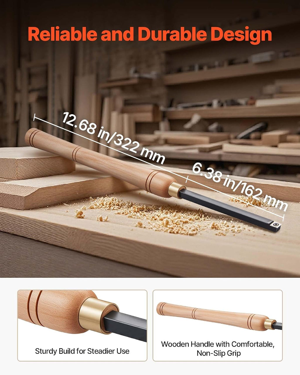 Wood Lathe Turning Tool Set, 4PCS Lathe Roughing Finishing and Detailing Hollow Tool with Wooden Handle Diamond Round