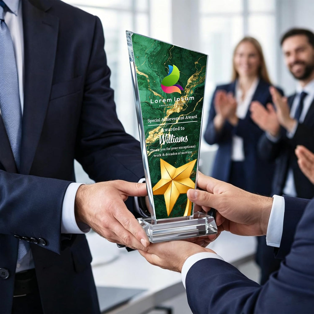 Custom Crystal Trophy Award with Logo Photo Text for Employee Recognition | Personalized Crystal Award For Corporate