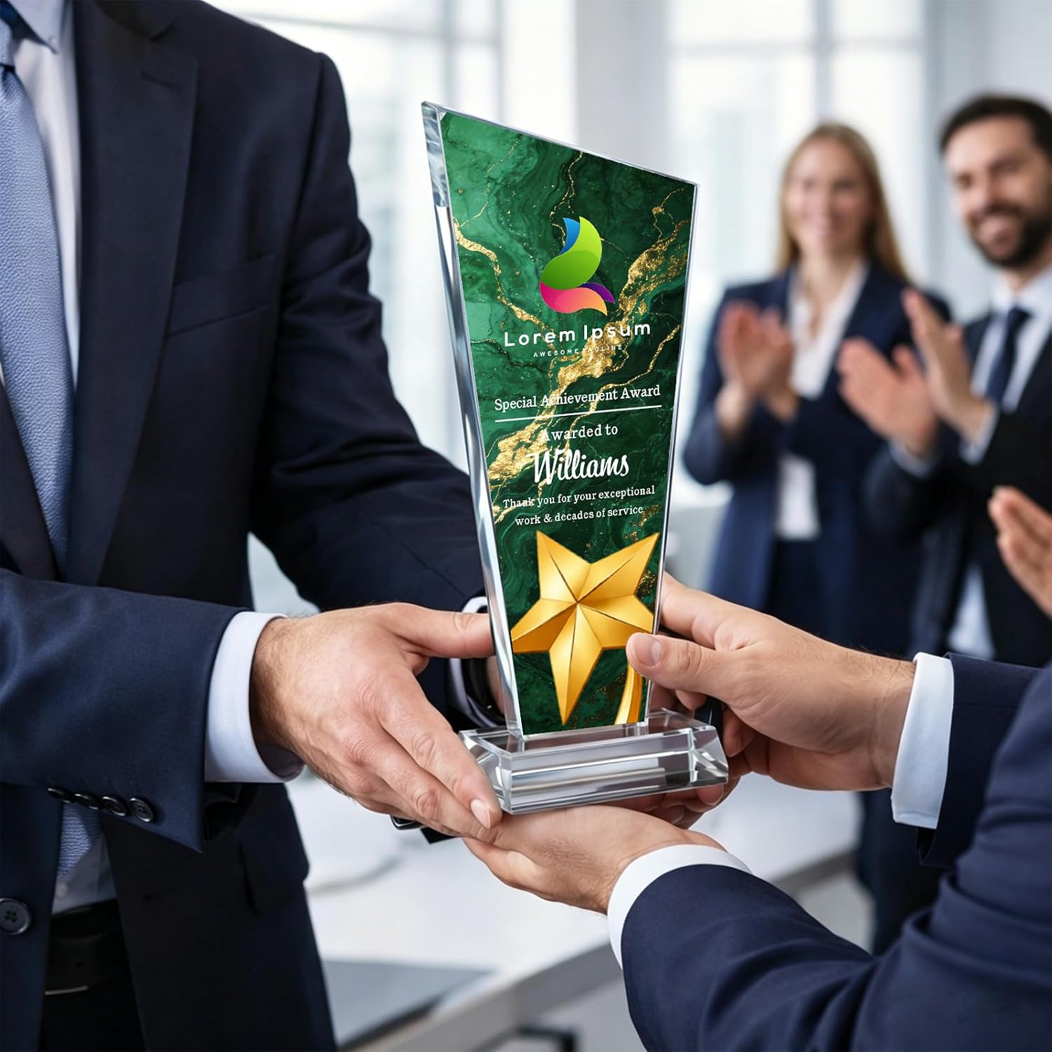 Custom Crystal Trophy Award with Logo Photo Text for Employee Recognition | Personalized Crystal Award For Corporate