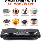 Double Cast Iron Burner, 1500W Hot Plate, Adjustable Temp