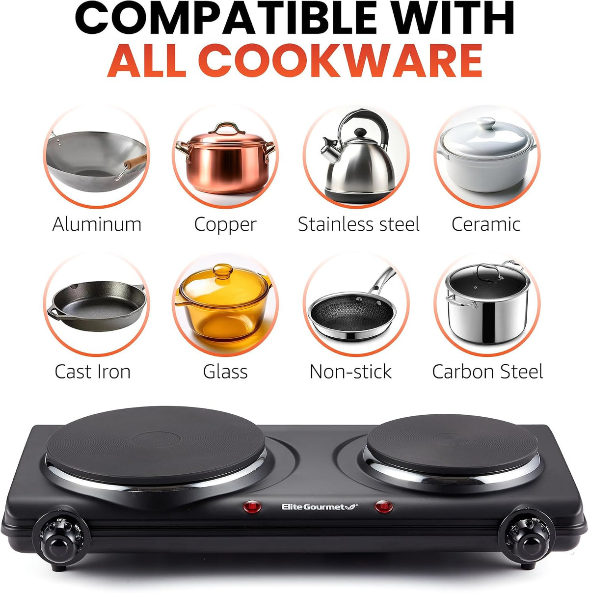 Double Cast Iron Burner, 1500W Hot Plate, Adjustable Temp