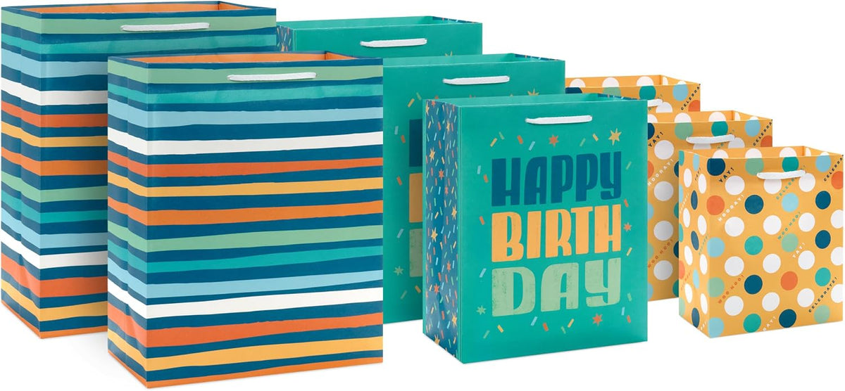 Birthday Gift Bag Assortment, 8-Pack (Teal and Yellow)
