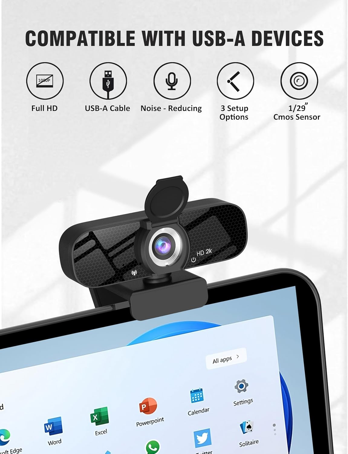 Full HD Webcam with Built-in Microphone and Rotatable Tripod, 2K Video and Wide Angle Camera, Privacy Cover