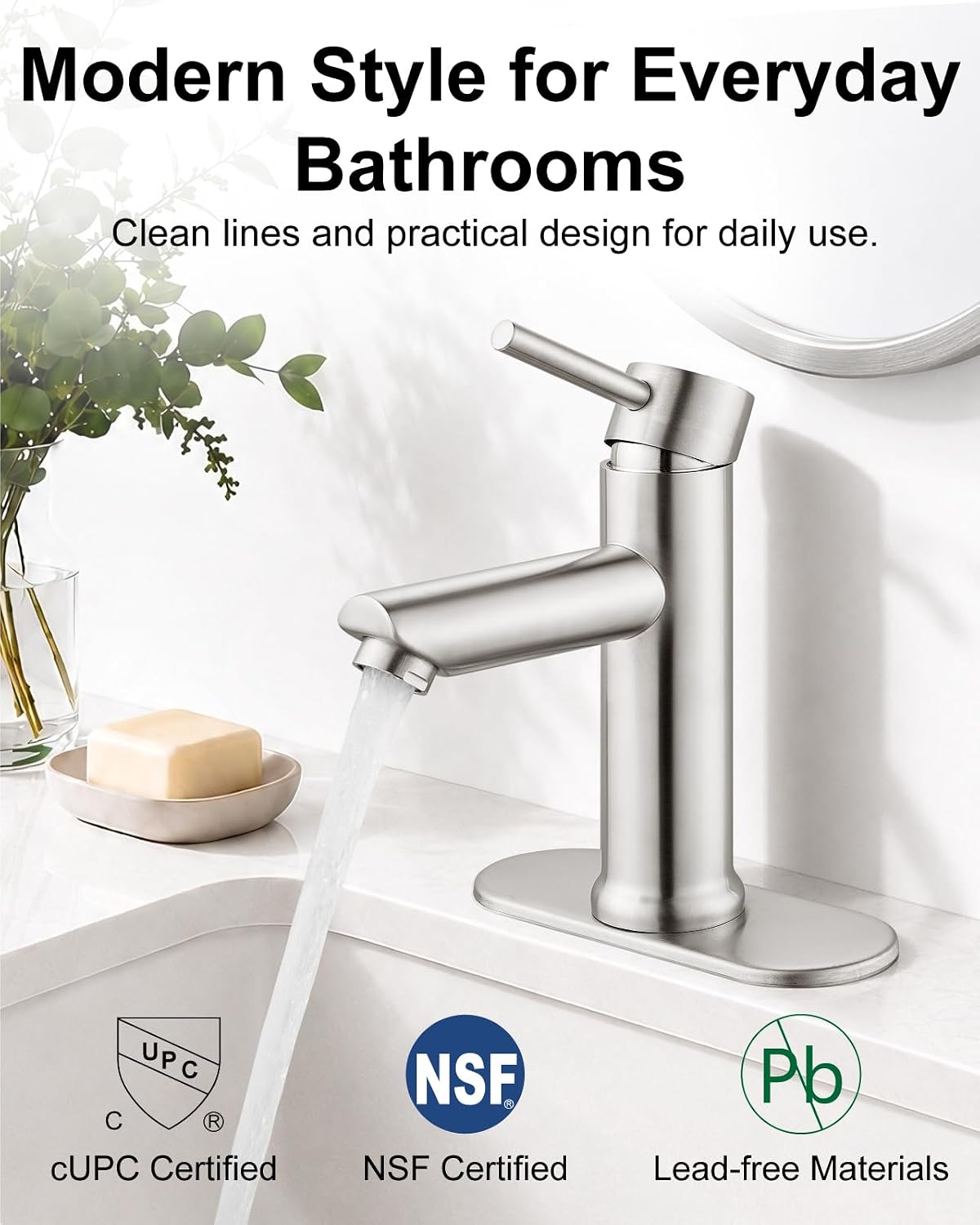 Brushed Nickel Bathroom Faucet 1 Hole,Single Handle,Hot and Cold