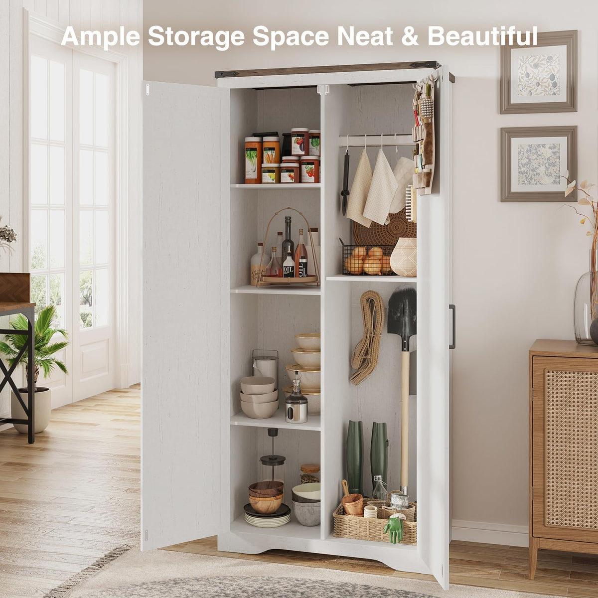 68.9" Broom Closet Storage Cabinet, Large Utility Closet, Antique White