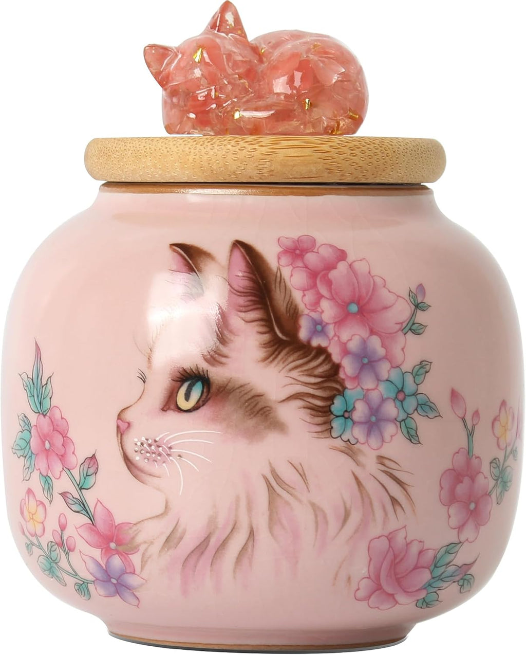 Ceramic Cat Urn for Ashes, Small Pet Urn with Crystal Cat Sculpture on Top, Pet Cremation Keepsake with Pink Cat