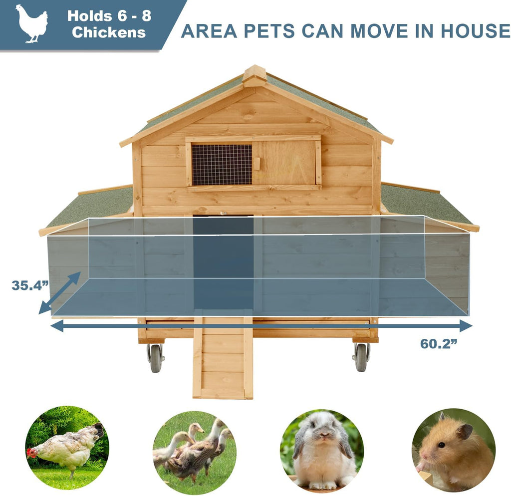 Large Chicken Coop with Wheels, Waterproof Outdoor Hen House for 6-8 Chickens, Movable Chicken House with Two Nesting