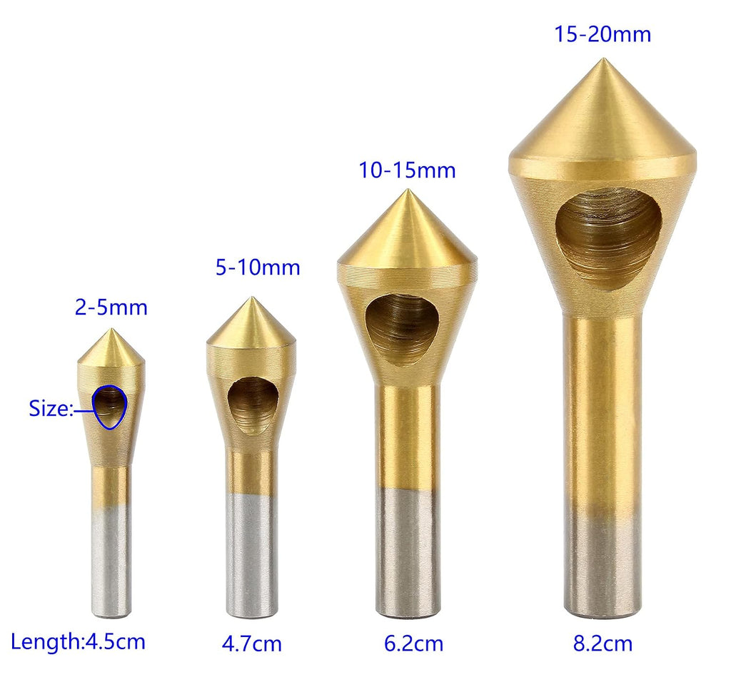 Bonsicoky 4PCS Titanium Coated Countersink Chamfer Deburring Tool Set