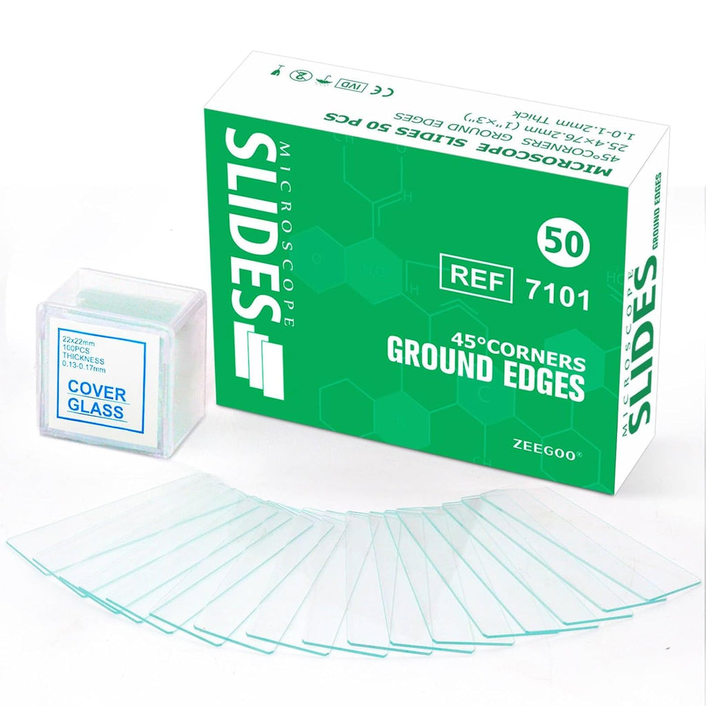 Microscope Slides and Covers, 50 Blank Glass Slides + 100 Coverslips | Pre-Cleaned, Safe Ground Edges, 45°Corners