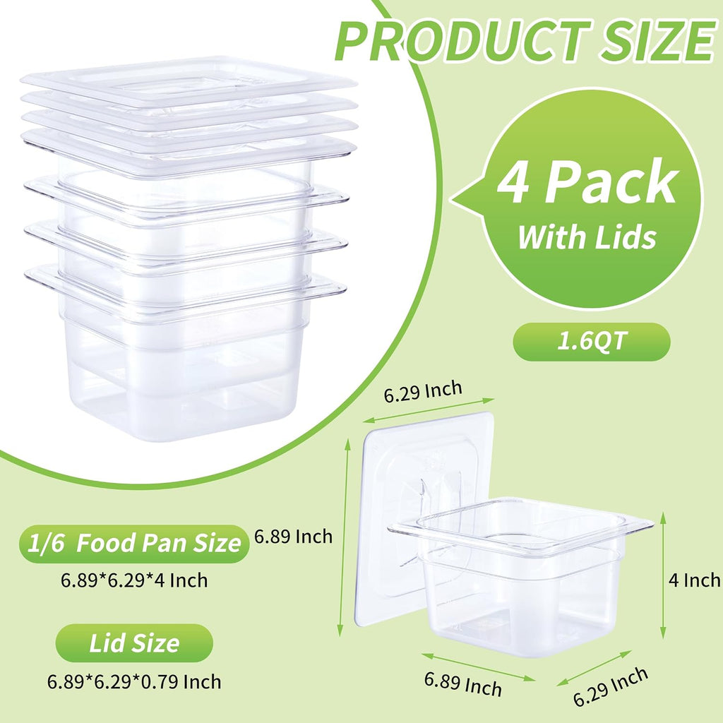 1/6 Size 4" Deep Polycarbonate Food Pans with Lids, 4 Pack