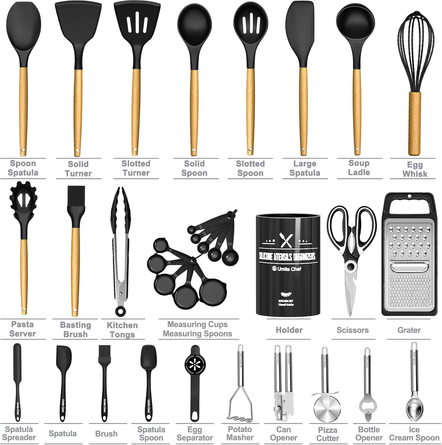 Kitchen Utensils Set- 34PCS Silicone Cooking Utensil with Holder, Umite Chef Heat Resistant Kitchen Spatula Set for